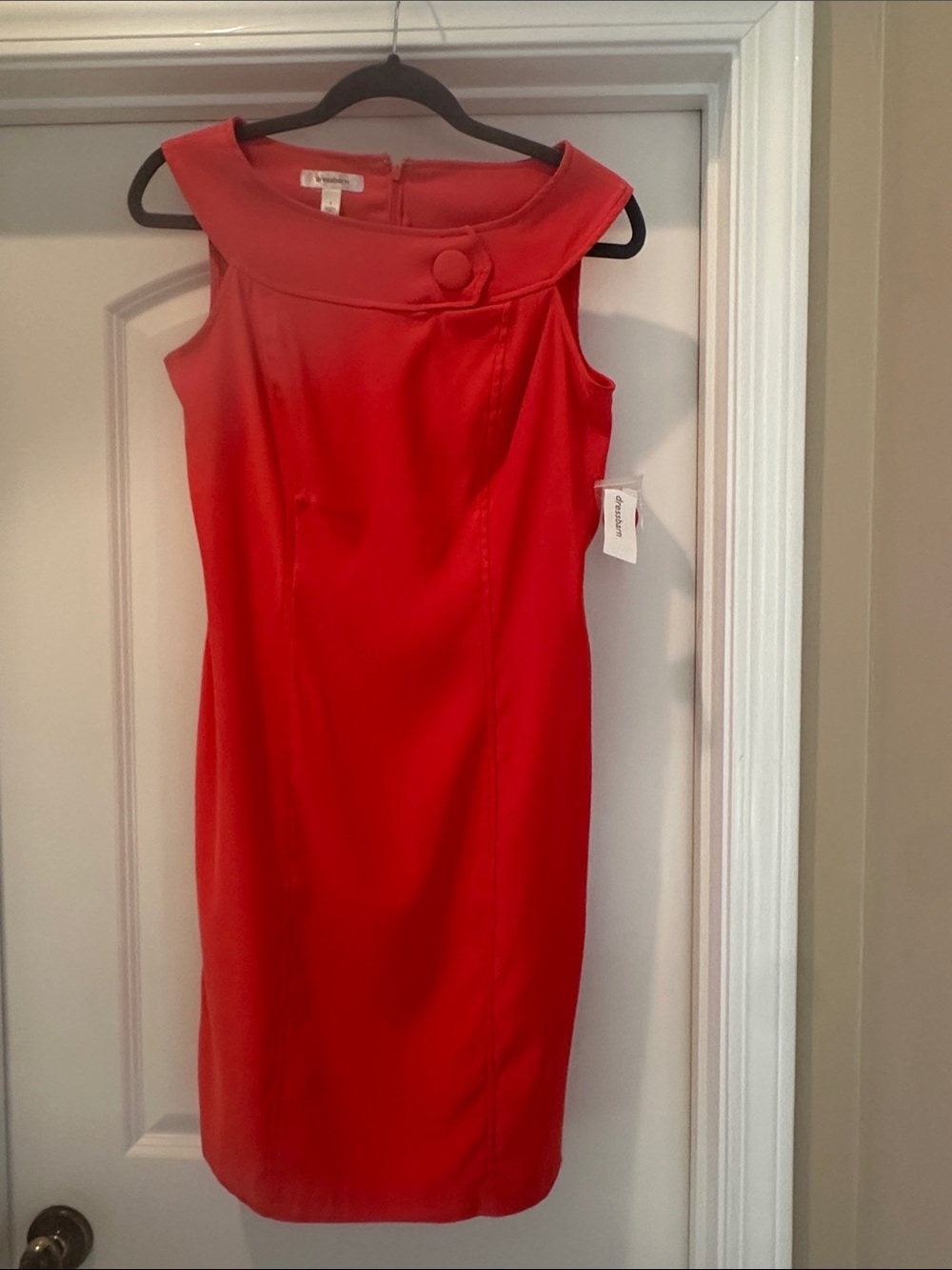 Dress Barn Bright Orangey-Red Sleeveless Midi Dress with Decorative Collar